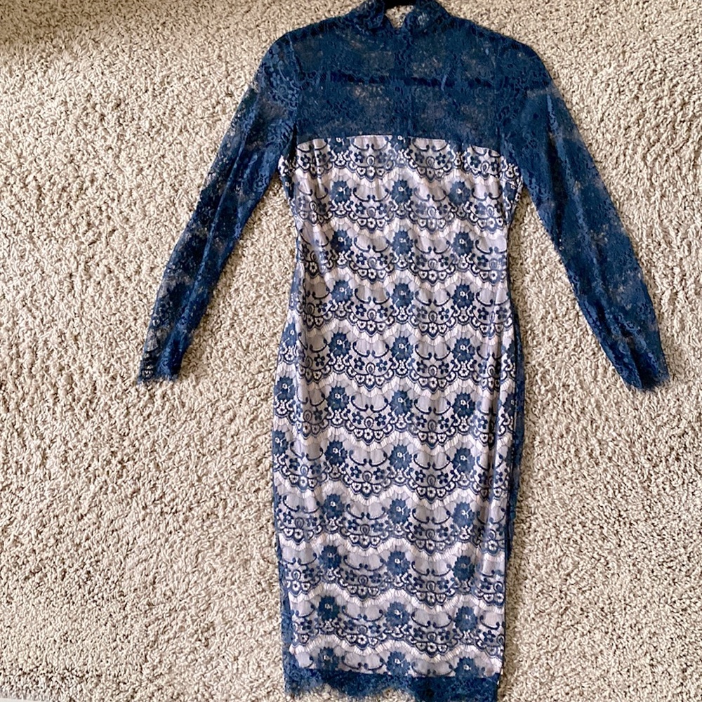 AX Paris fitted navy blue lace dress with champagne body fitted sheath.